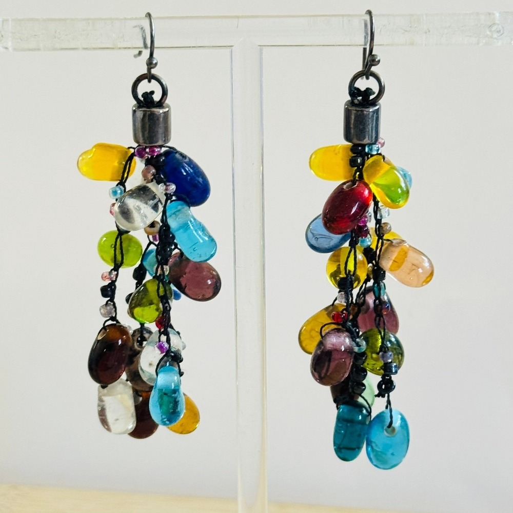 Chunky 80s Colorful Earrings Waterfall Poured Glass Pierced Dangle BOHO Hooks